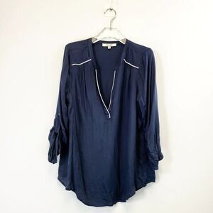 DANIEL RAINN Navy Blue Loose Flowy Blouse MEDIUM Split Neck Casual‎ Career Solid